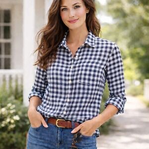 J.Crew Classic Preppy Navy White Gingham Button Down Shirt Medium Perfect Cotton